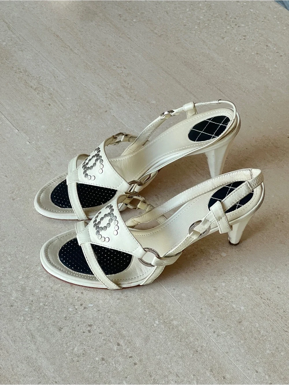 Vintage Chanel White Slingback Studded Sandals with Box
